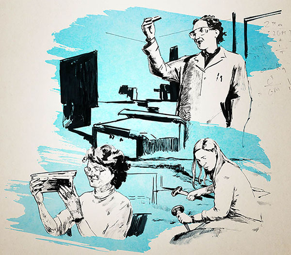 Artist drawing of 3 women scientists. 